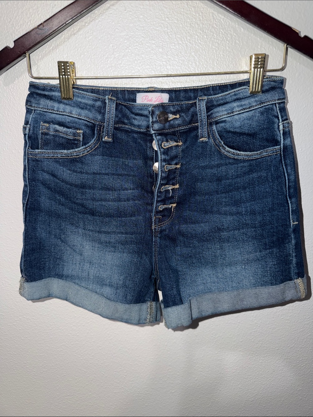 Pink Lily Indigo Wash Button-Fly Rolled Hem Denim Shorts